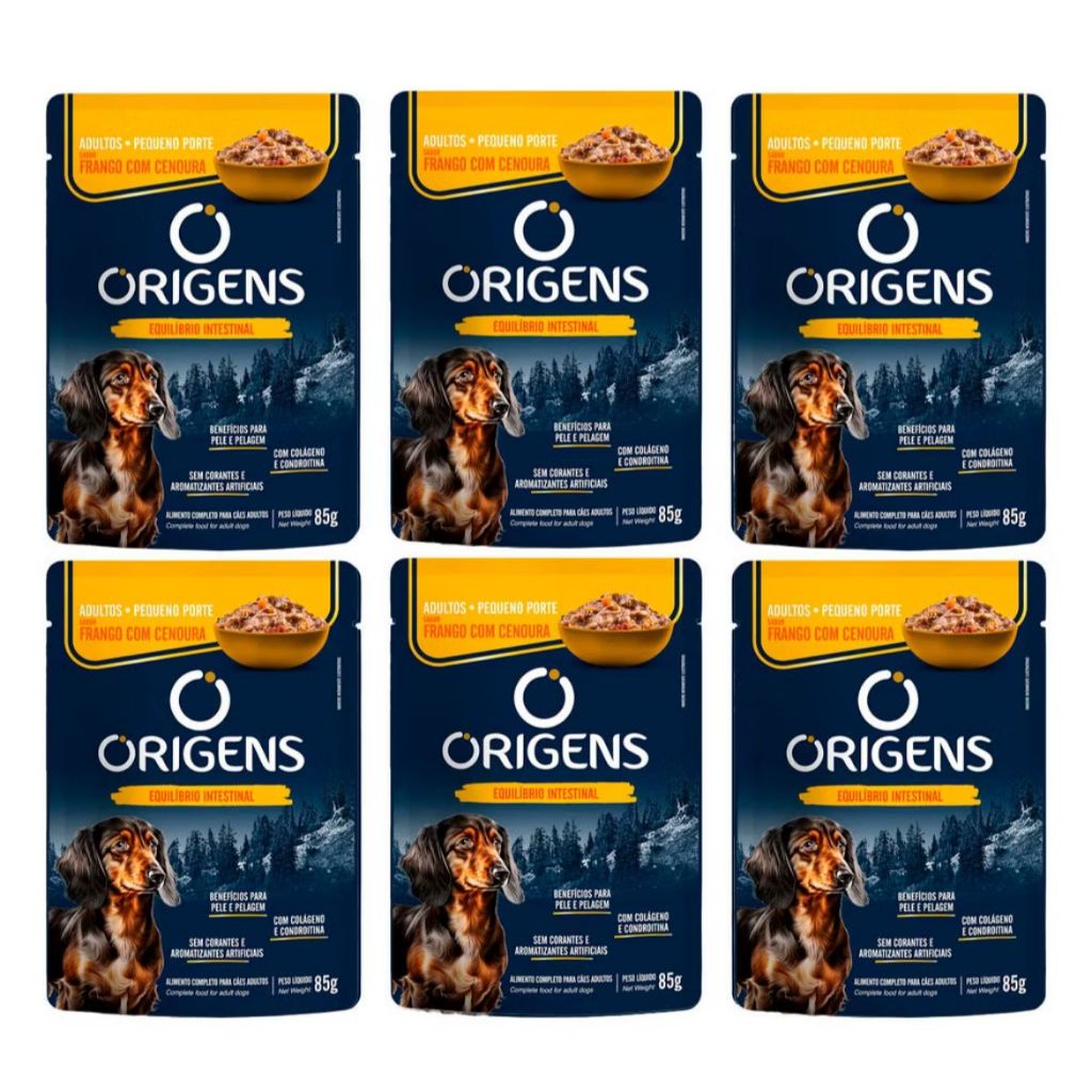 Kit 6 Saches Origens para Cães Adultos de Porte Pequeno Sabor Frango com Cenoura 85g cada
