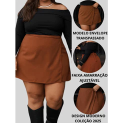Saia Envelope Lisa Plus Size Transpassada Curta Cintura Alta Amarração Ajustável Soltinha Casual
