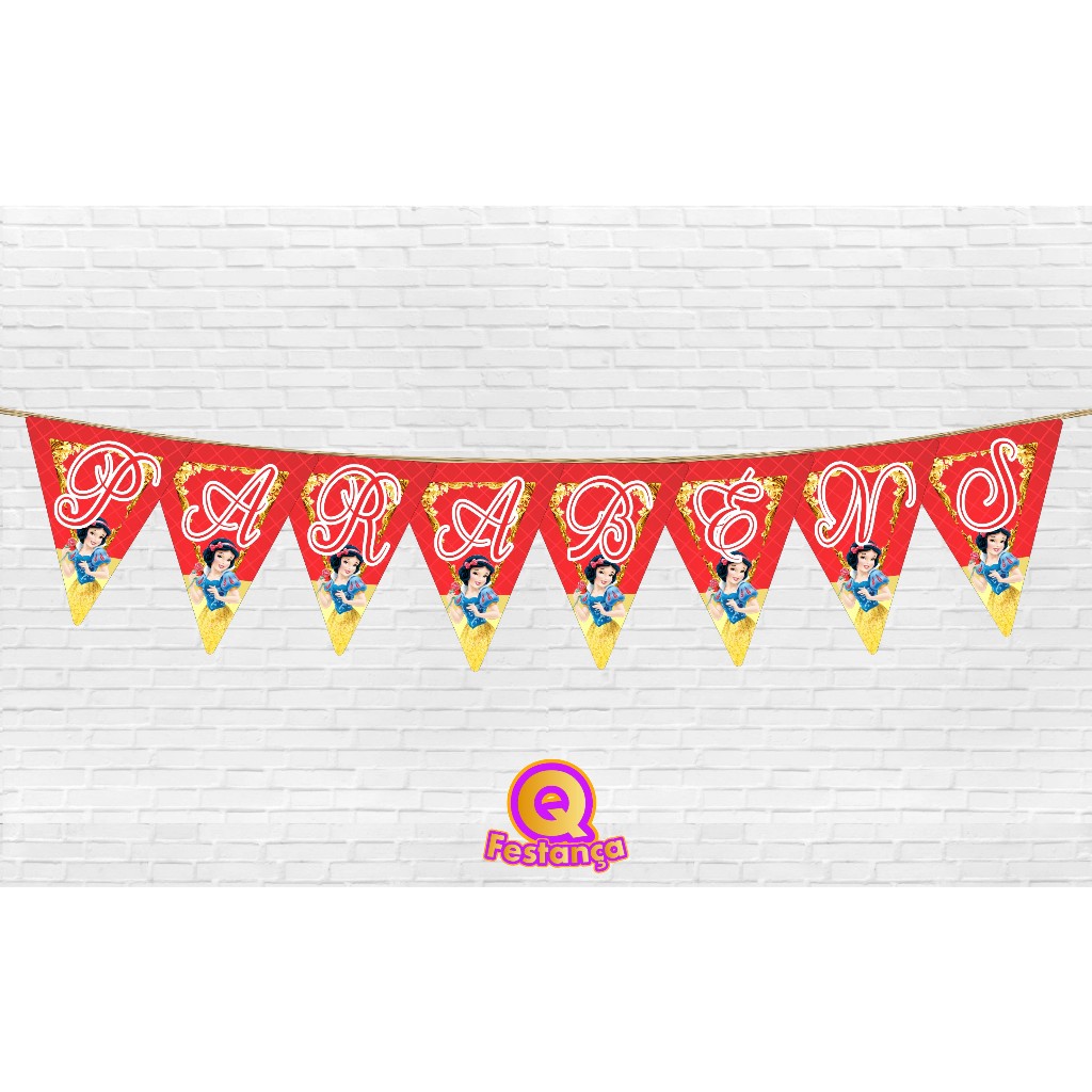Bandeirola Branca de Neve *PARABÉNS* Decoração Festa de Aniversário e Mesversário