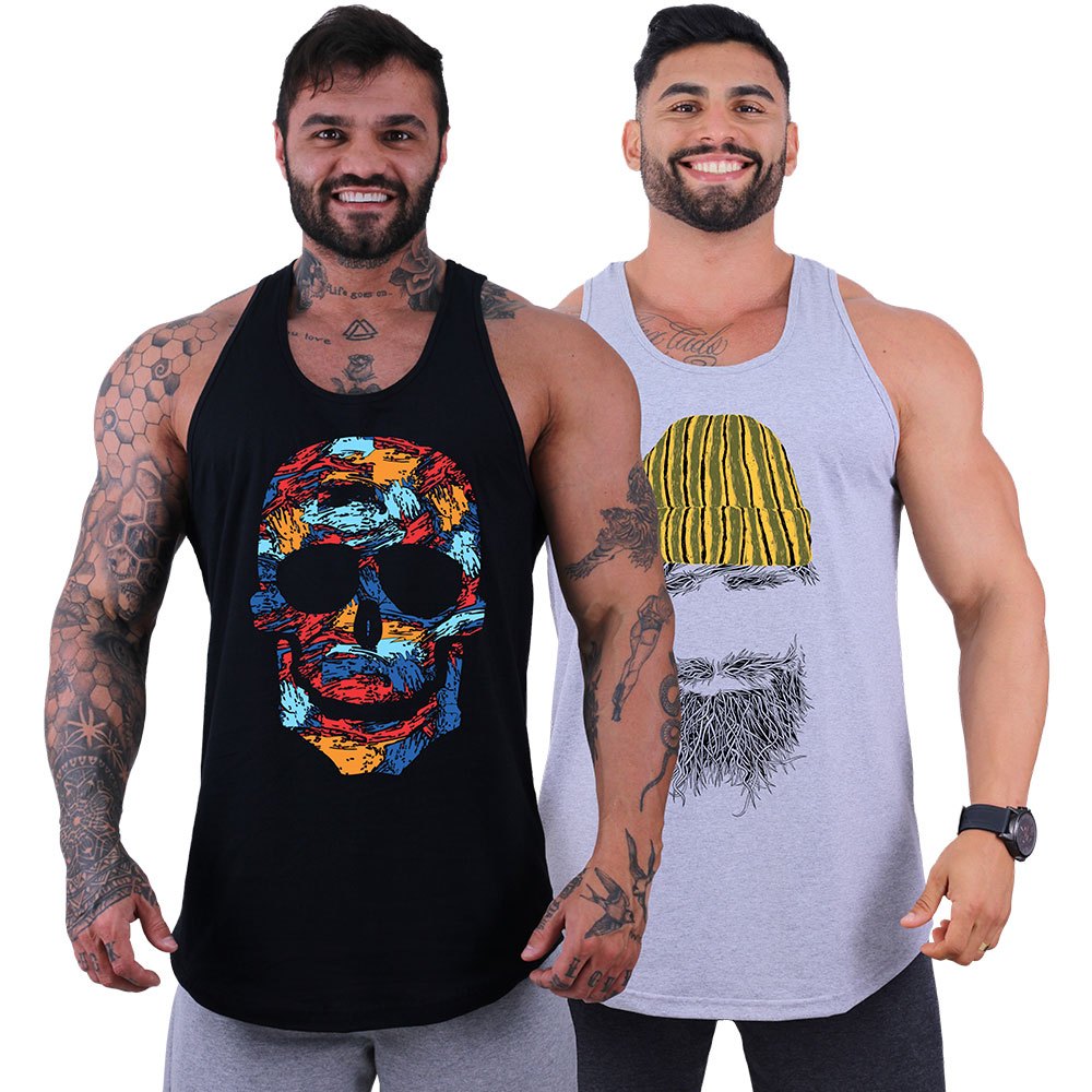 Kit 2 Regata Longline Cavada MXD Conceito Estampada Caveiras Academia Treino Musculação Slim