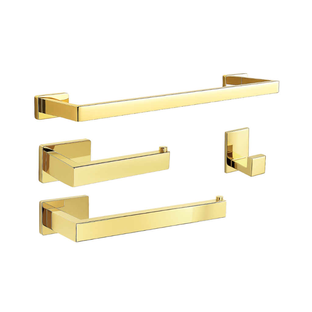 Kit Acessórios Banheiro Quadrado Dourado Autocolante Adesivo Porta Toalha Gancho Aço Inox Luxo em Oferta na Shopee