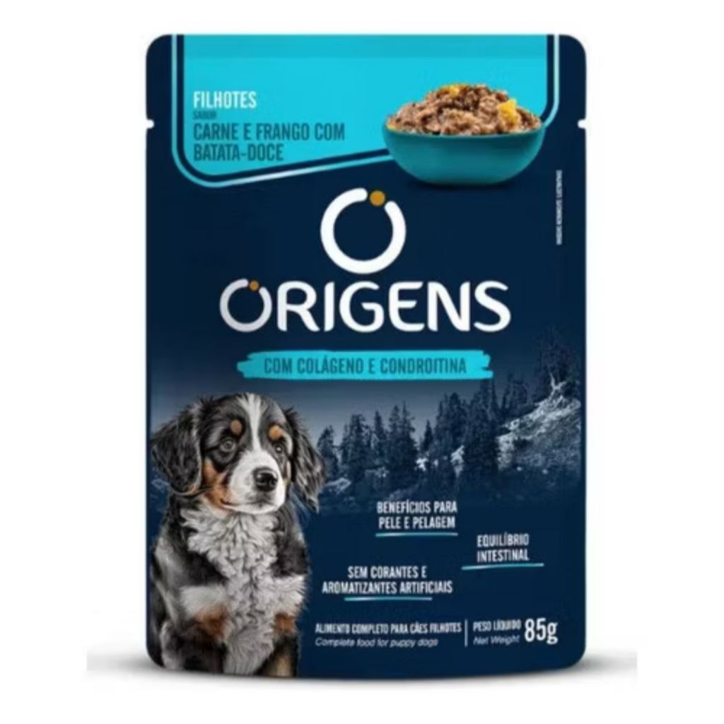 Kit 18 Saches Origens para Cães Filhotes Sabor Carne com Frango e Batata-Doce 85g cada
