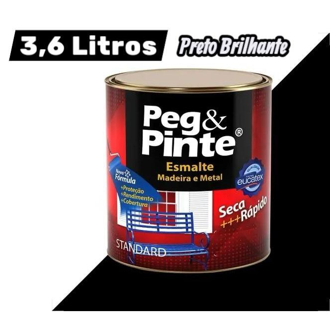 Tinta Esmalte Sintético Preto Brilhante 3,6 Litros Peg e Pint - EUCATEX Rende Ate 60 MT2