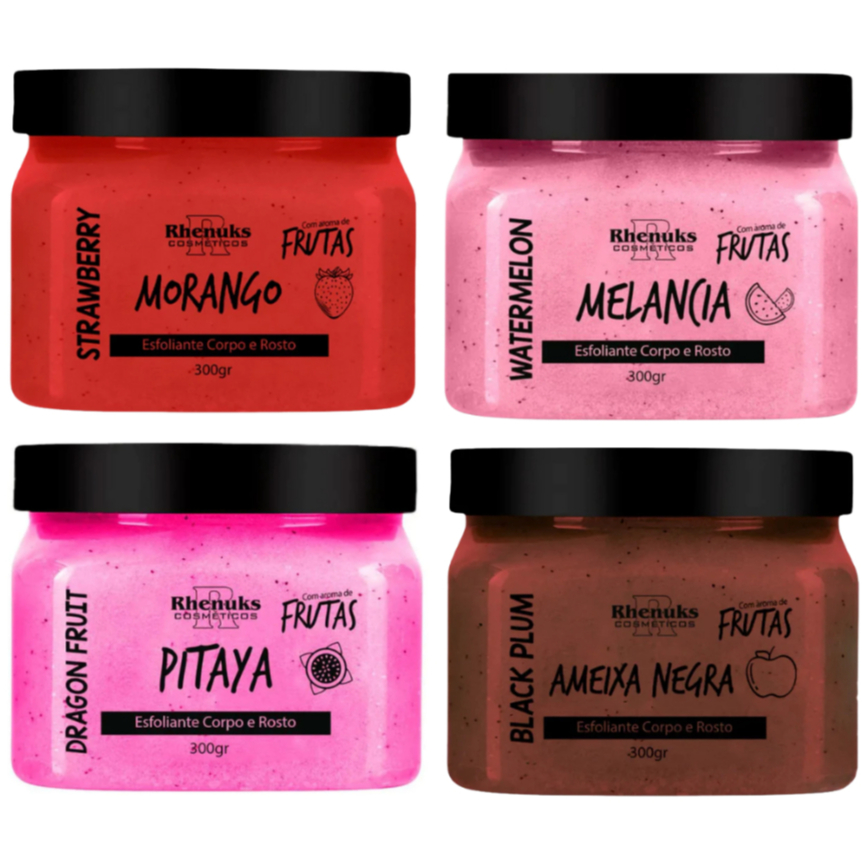 Kit 04 Esfoliante Corpo e Rosto 300g - Morango, melancia, pitaya, ameixa negra