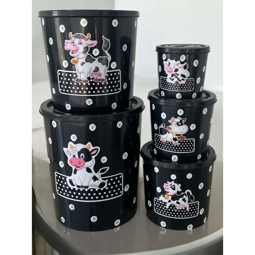 jogo potes mantimentos vasilhas 5 peças plástico (vaquinha)adesivo em Oferta na Shopee