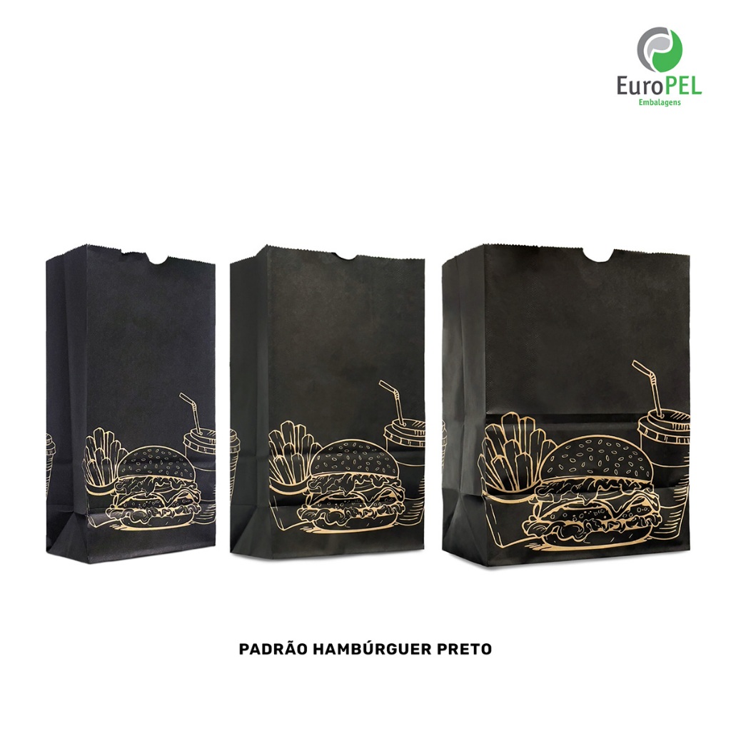 50 Sacos Delivery Papel Kraft Desenho Hambúrguer Preto 24x33x15 em Oferta na Shopee