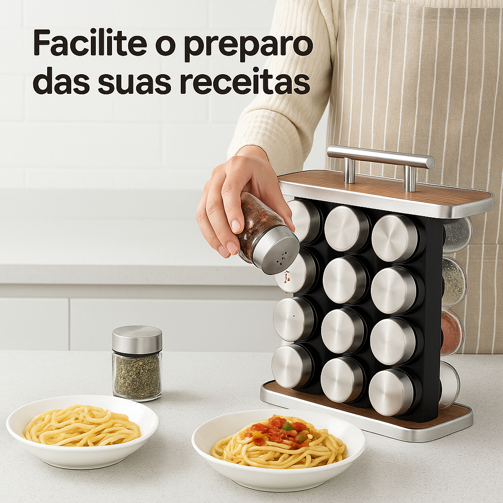 Porta Temperos 16 Potes Vidro Inox Organizador Torre Gourmet Presente Elegante Cozinha Moderna Slim.
