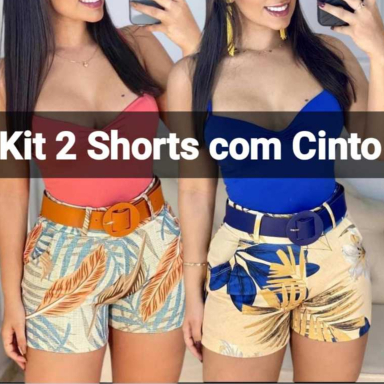 KIT 2 Shorts com Cinto Bermuda Feminina Estampada com Elastano - Moda Praia Verão Confortável