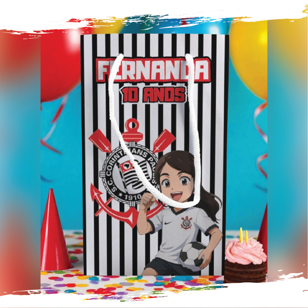 Sacolinha de Festa Corinthians Menina Lembrancinha Personalizada Kit Festa Sacola Pé Futebol