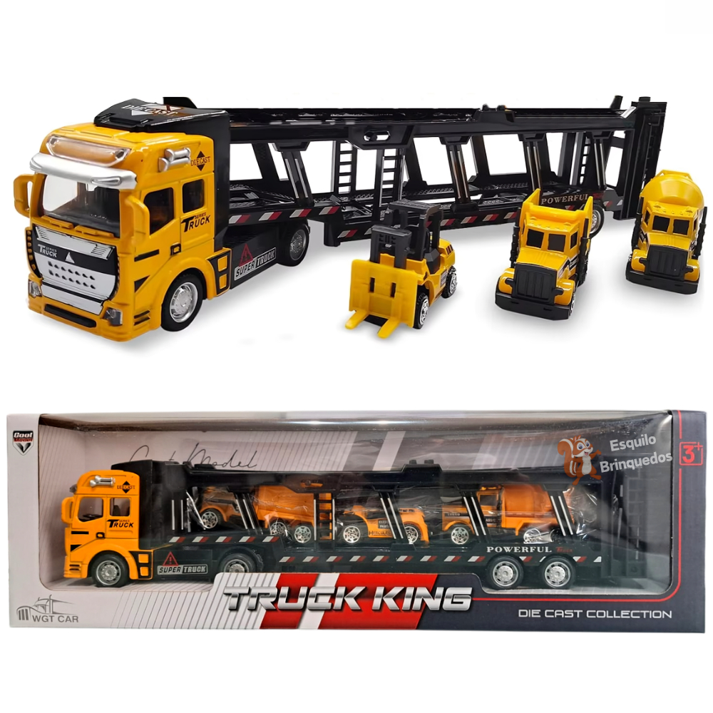 Miniatura Carreta Caminhão Cegonha Metal Fricção Com 3 Veículos Construção Betoneira Empilhadeira