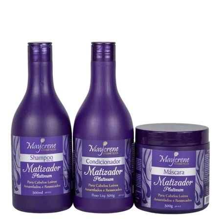 Kit Capilar Matizador Platinum 500ml Maycrene Shampoo + Condicionador + Mascara Capilar