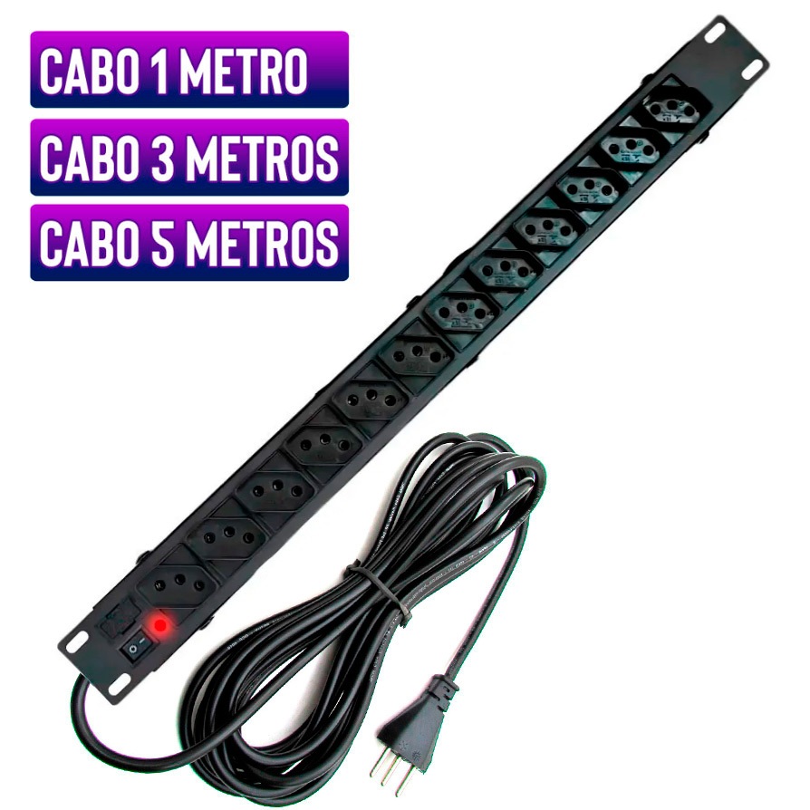 Régua Rack 19 Pol Filtro Linha Profissional Cabo [ 1mt | 3mt | 5mt ] C/ 12 Tomadas 10a