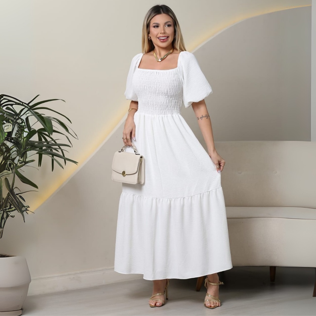 Vestido Branco Elastex Midi,Femenino Com Manga Bufante-Moda Casual 2025
