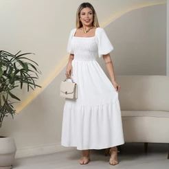 Vestido Branco Elastex Midi,Femenino Com Manga Bufante-Moda Casual 2025
