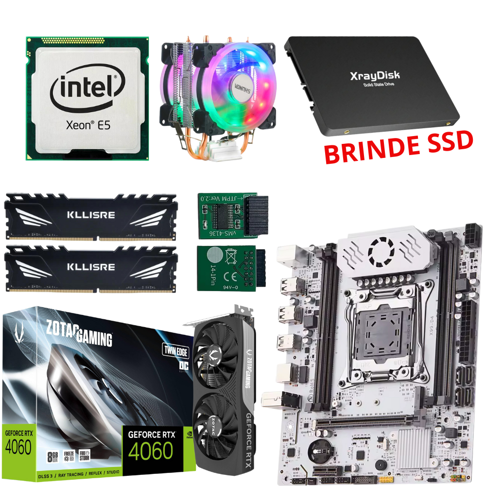 Kit Placa mãe X99 2680V4 RTX 4060 8GB 32GB RAM Cpu fan TPM 2.0 + SSD DE BRINDE