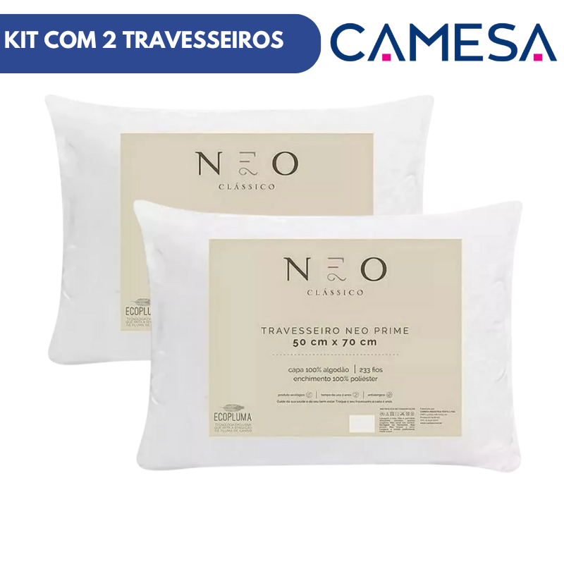 Kit 2 Travesseiro Neo Prime Ecopluma 233 Fios Camesa 50x70cm Branco | Macio, Lavável e Antialérgico