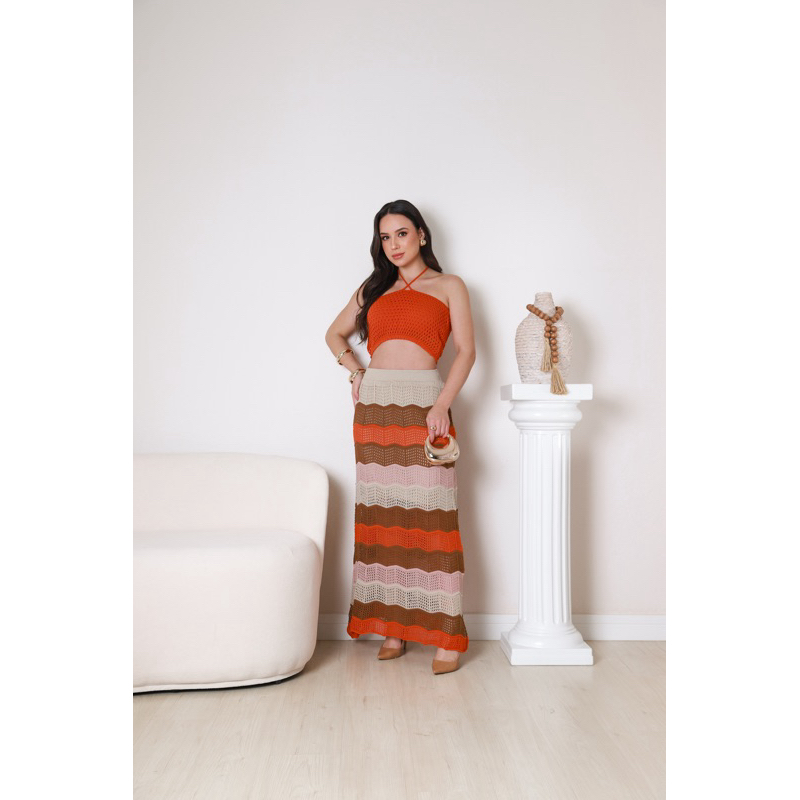 Conjunto Feminino Cropeed e Saia Longa Tricot Moda Praia Saída de Praia Ponto Crochê Verão...