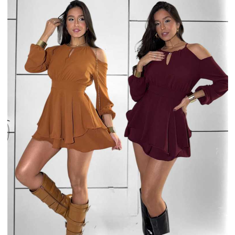 Macacão Vestido Macaquinho Vestido Elegante Feminino CURTO MANGA LONGA CUMPRIDA SOLTINHO