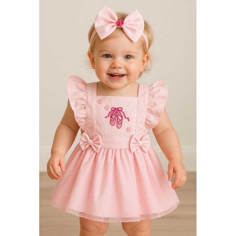 Jardineira Romper Body com tule e laço Bailarina