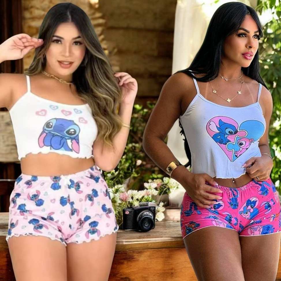 Baby Doll Pijama Adulto Estampado Short Alcinha Curto