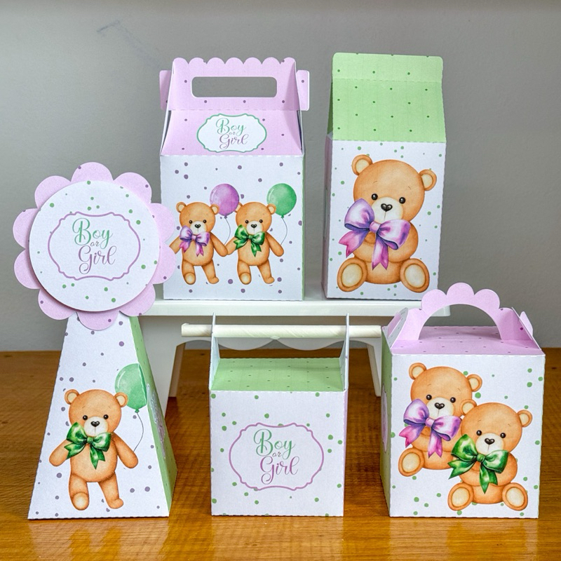 PEGUE MONTE - Kit Festa Personalizados Chá Revelação Ursinho Verde e Lilás Lembrancinhas Caixinhas para festa