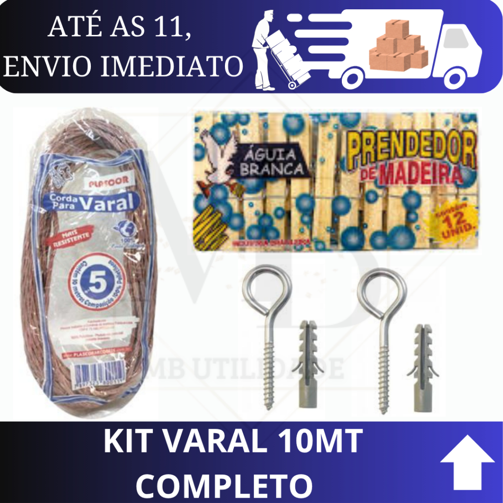 Kit Varal completo para Roupa com pregadores de madeira + corda de varal + pitão e bucha n6