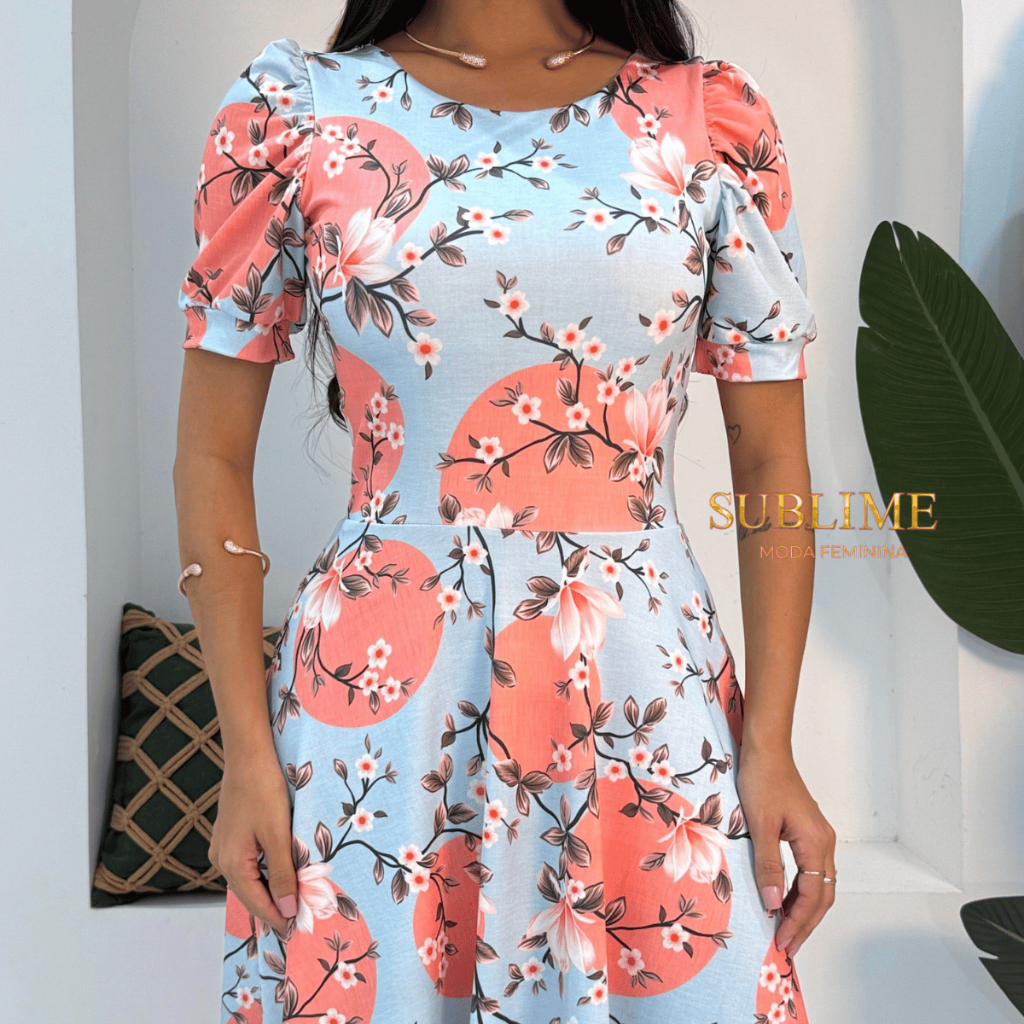 Vestido Manga Princesa Estampado Moda Evangélica Godê Midi
