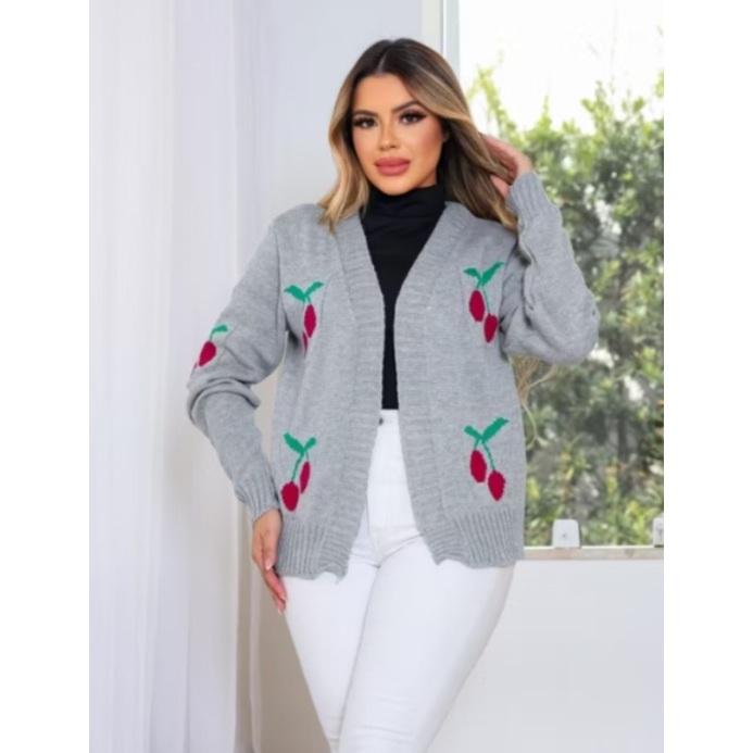 CASACO FEMENINO ESTAMPA CEREJA ESTILIO CARDIGAN ELEGANTE em Oferta na Shopee