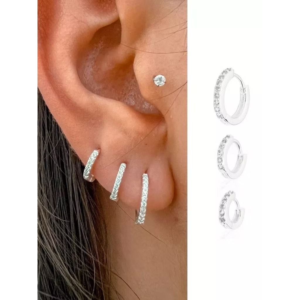 Trio brinco de argola redondo zirconia prata 925 em Oferta na Shopee