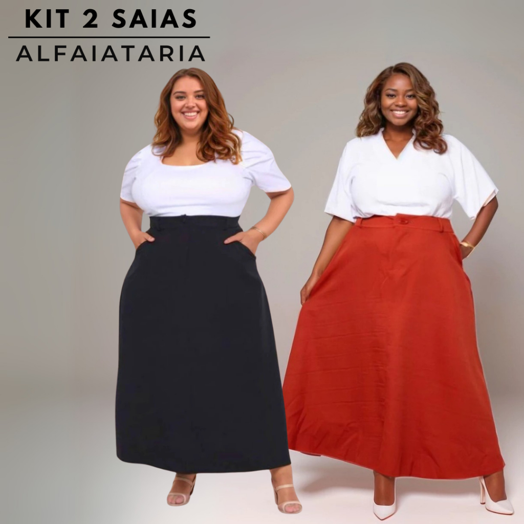 Kit Saia Feminina Plus Size Alfaiataria Longa com Bolsos Estilo Social Evangélica Natal Presente