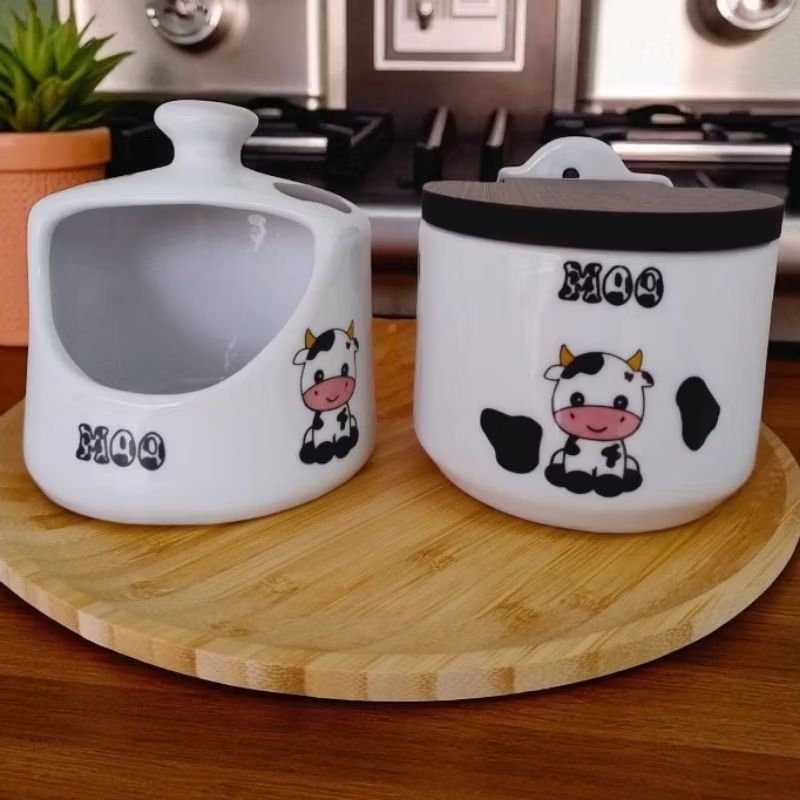 Kit Saleiro e Porta Alho de Porcelana Vaquinha – Decoração Fofa para sua Cozinha