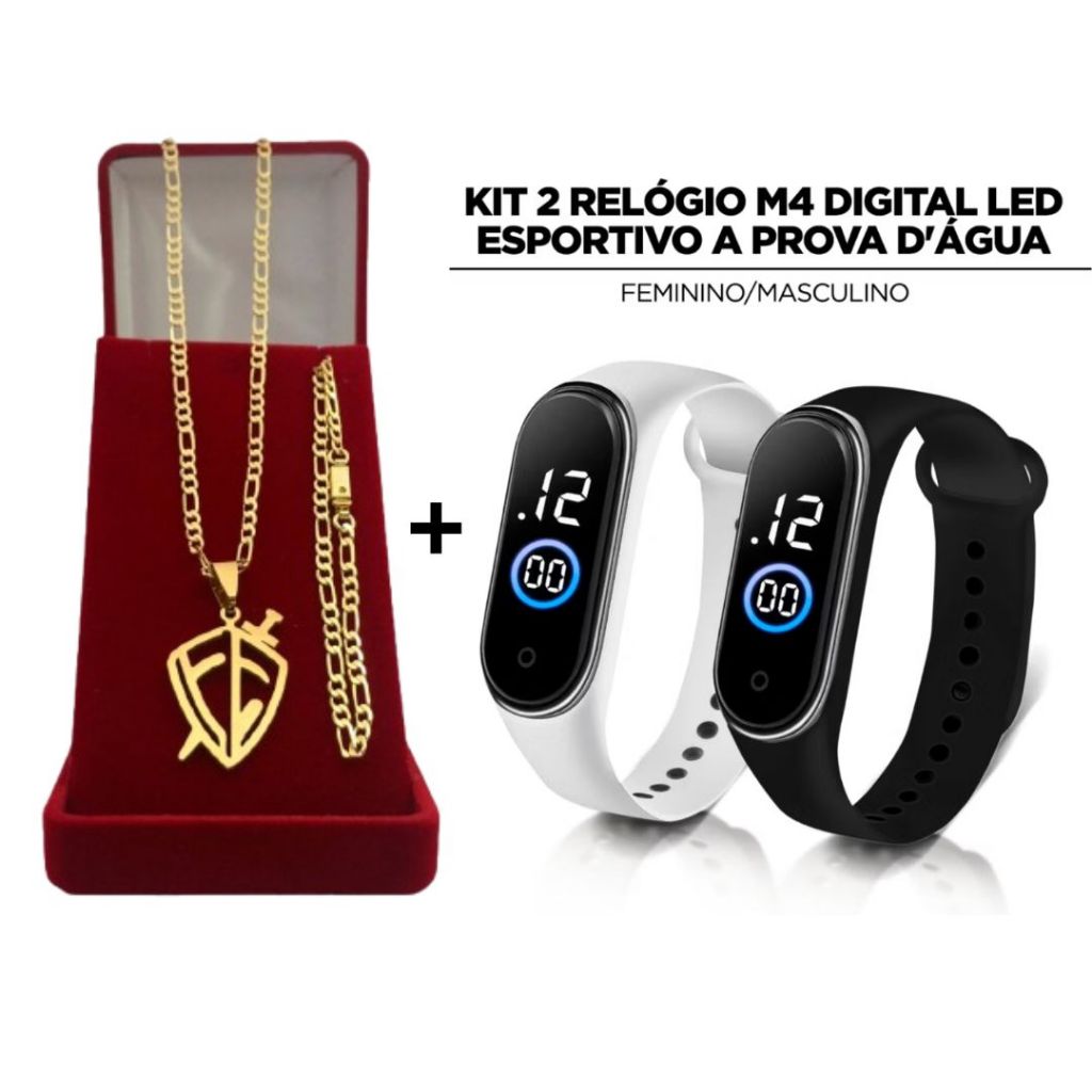 Cordão Colar Corrente Infantil Menino Colar Elo 3x1 + Pingente Escudo da Fé + 2 Relógio Digital Prova LED D’Água Unissex