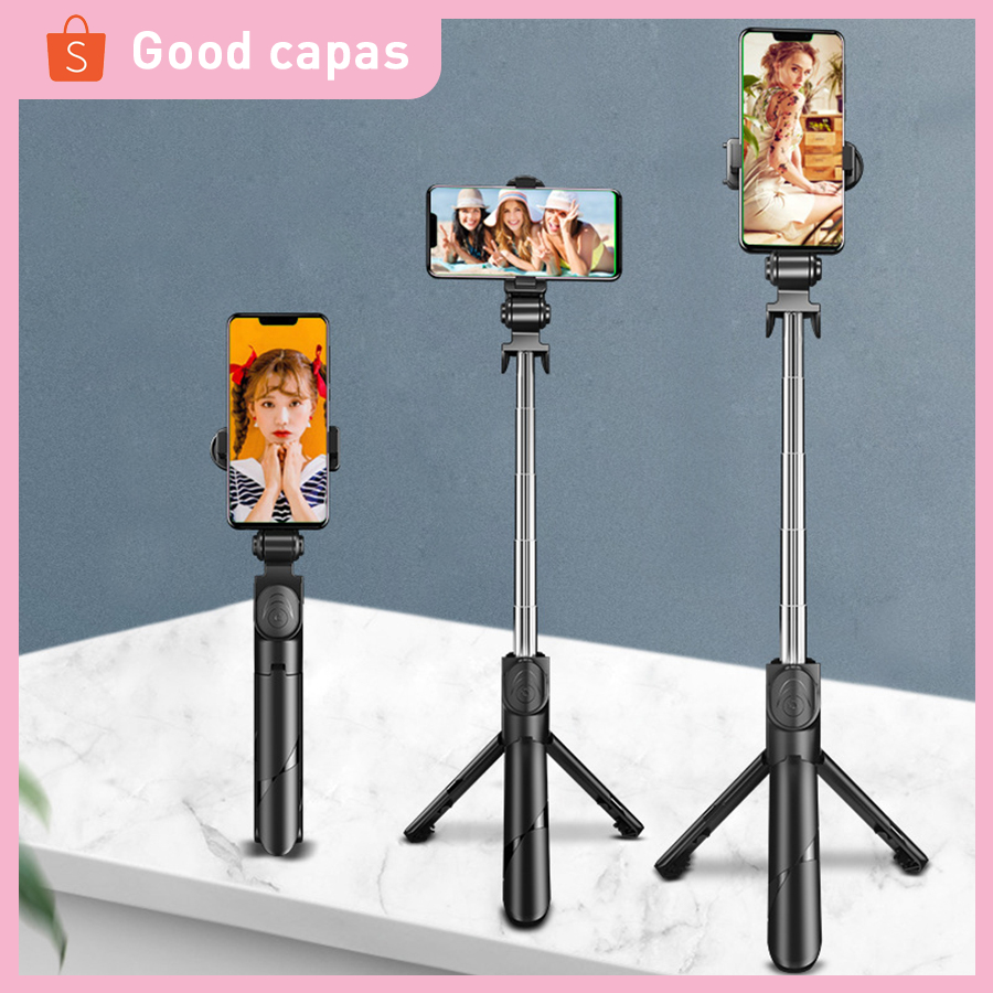 Bastão de selfie com tripé extensível e luz LED, compatível com controle via Bluetooth.