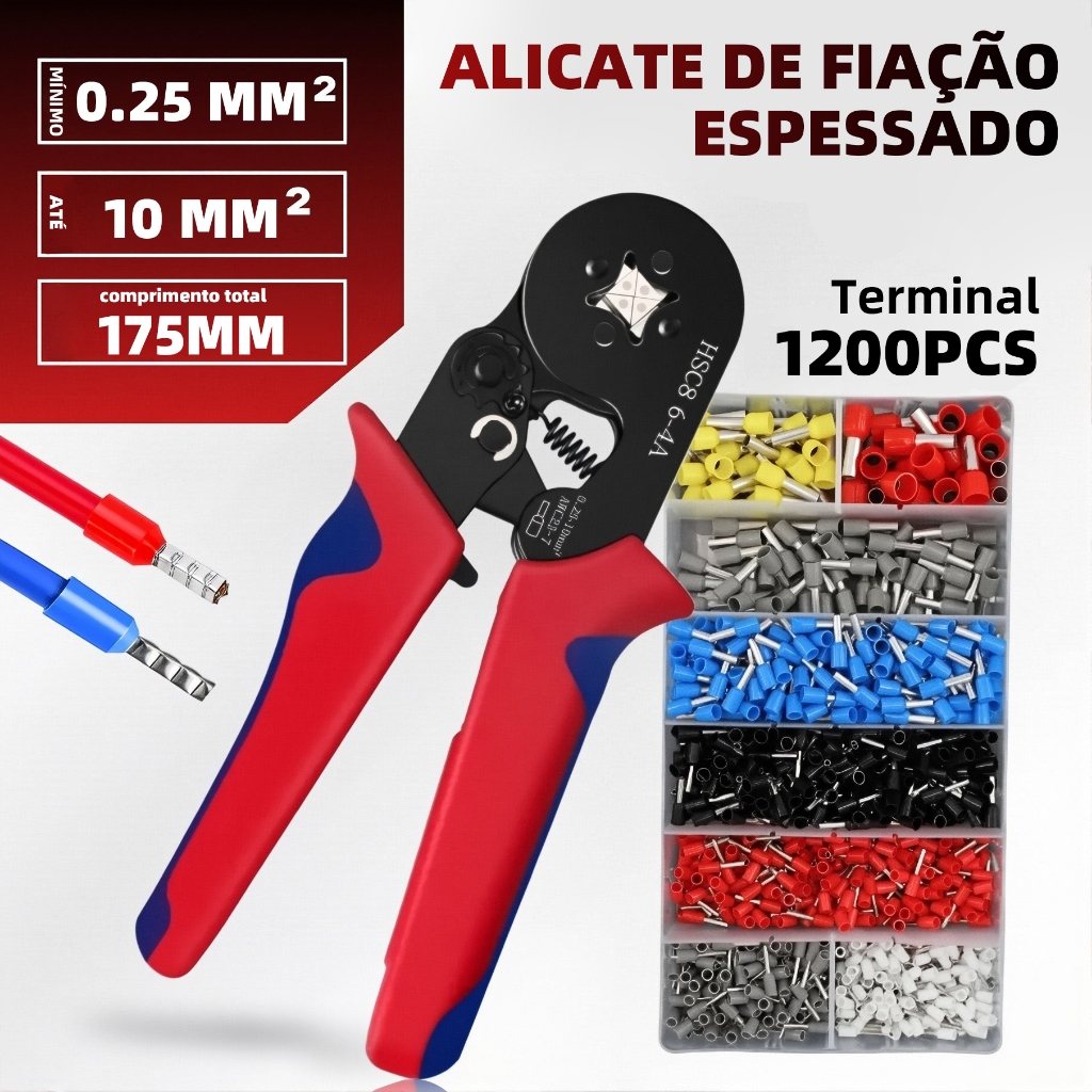 Kit Alicate Crimpar + 1200 Terminais Ilhos + Descascador 0,25 Até 10mm²