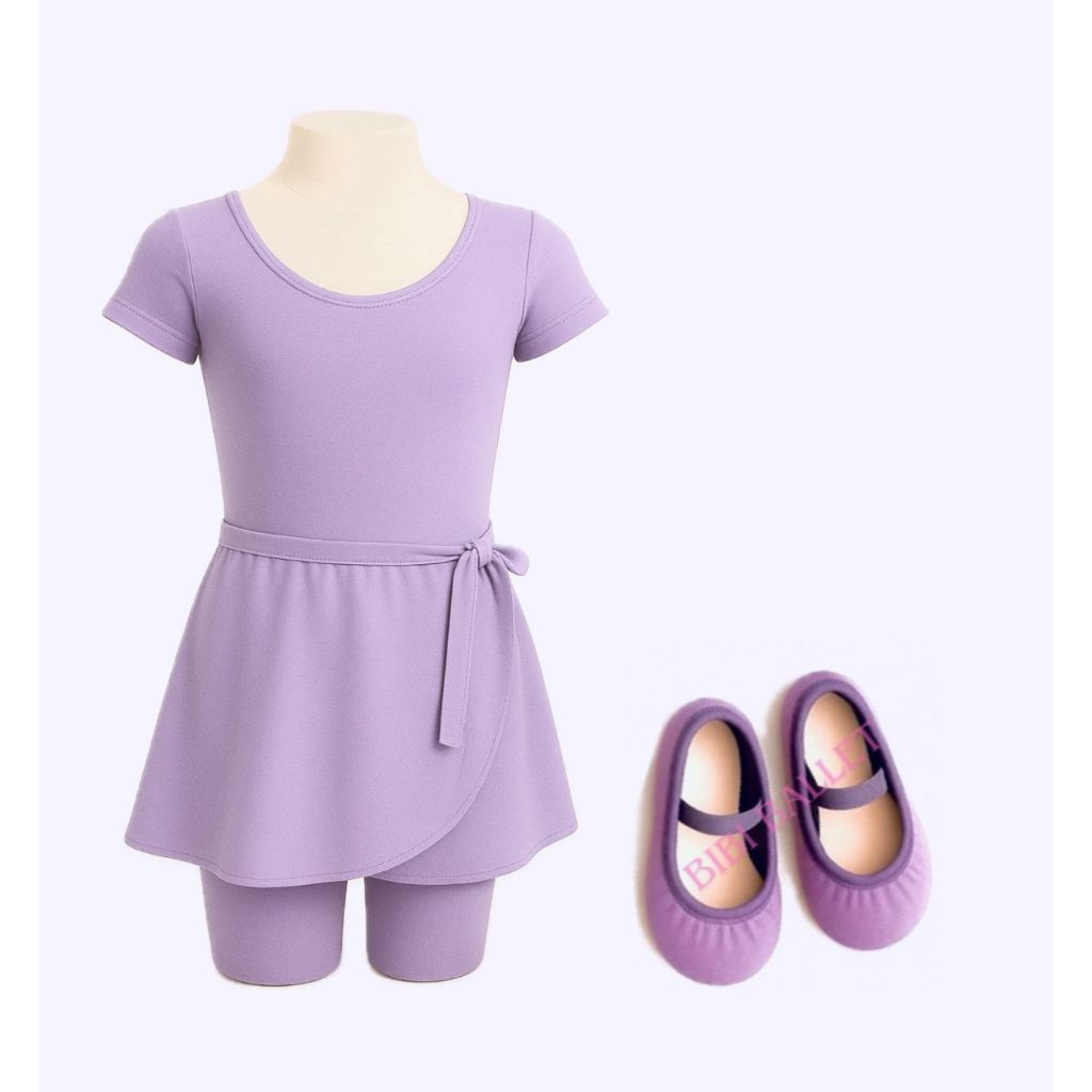 Kit 3 Itens - Collant COM MANGA + Saia de Transpassar + Sapatilha (LILÁS)