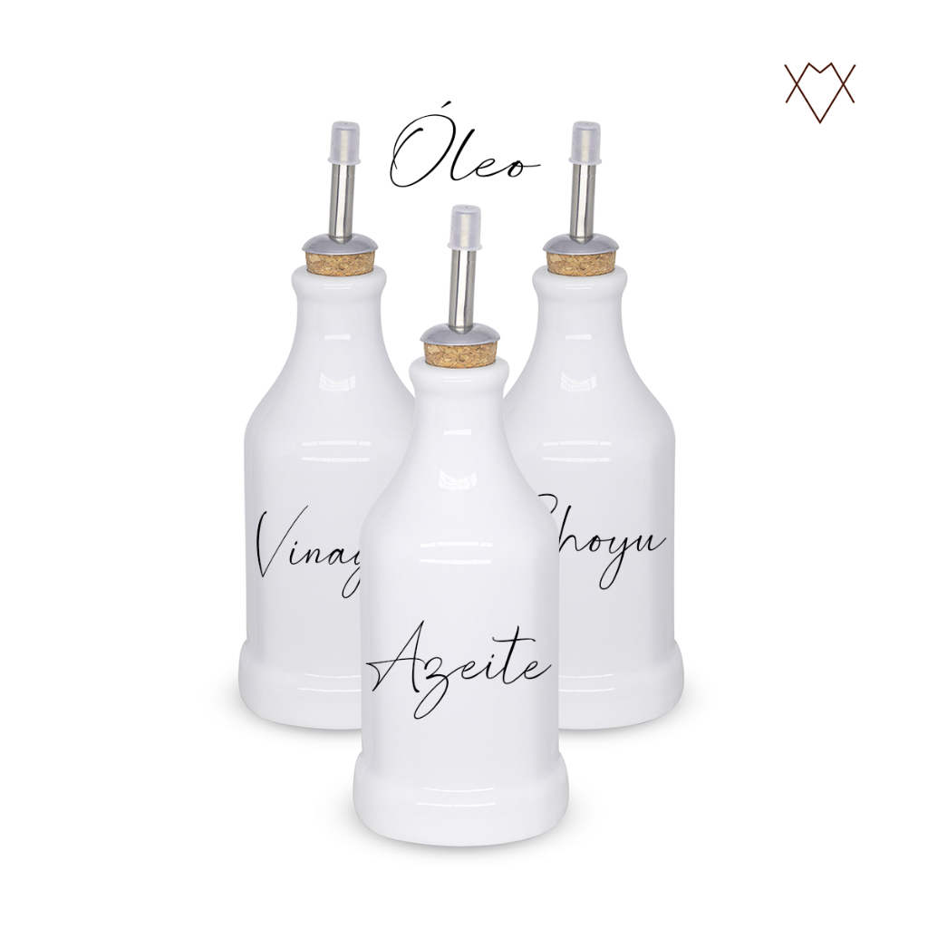 Kit 3 Garrafas Galheteiro com adesivos 270ml Porcelana Branca com Bico em Inox
