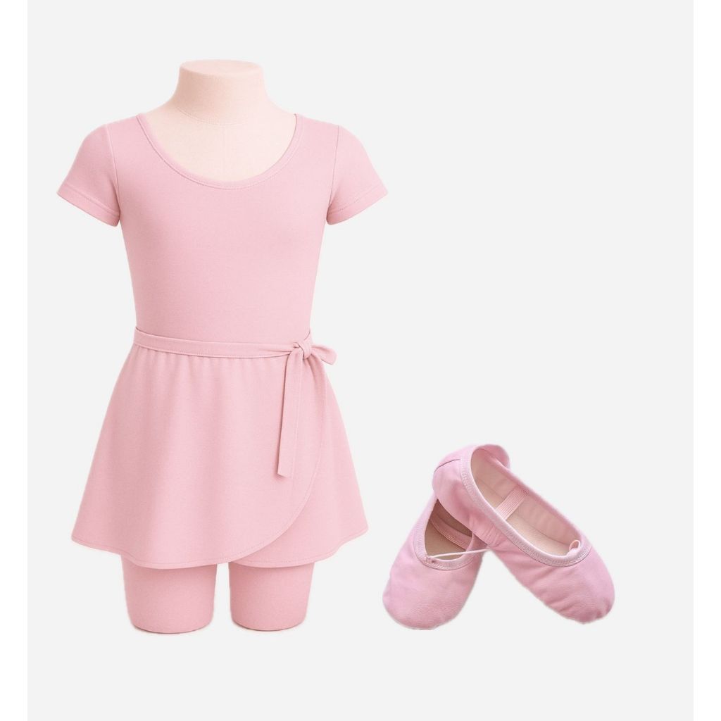 Kit 3 Itens - Collant COM MANGA + Saia de Transpassar + Sapatilha (ROSA BEBÊ) em Oferta na Shopee