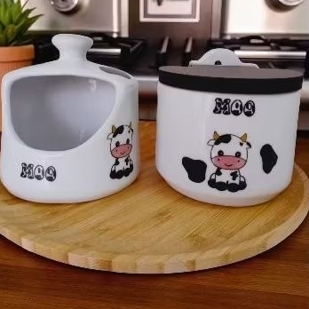 Kit Saleiro + Porta Alho em Porcelana Vaquinha Moo Cozinha - Decoração