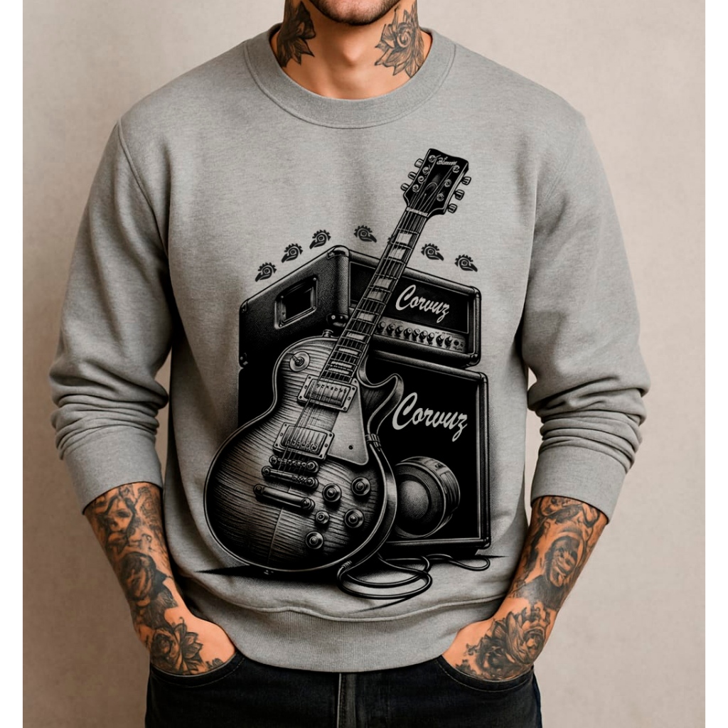 Moletom masculino estampado guitarra les paul musica rock algodão felpado Corvuz