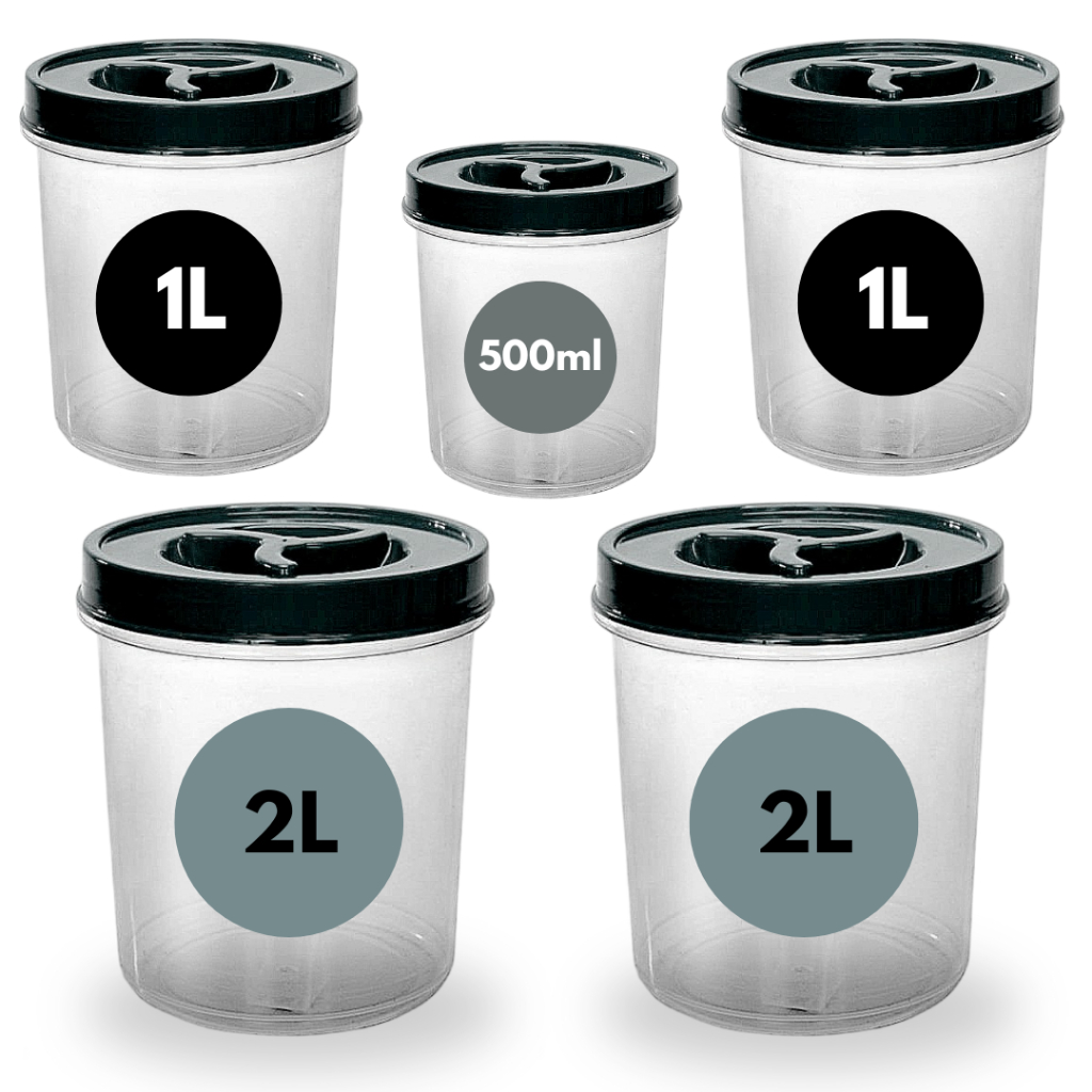 Kit 5 Potes REDONDO Mantimento Tampa Rosca 2 de 2L + 2 de 1L + 1 de 500ml Café Açúcar Cereal Farinha em Oferta na Shopee