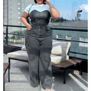 Calça Jeans Plus Size Cargo Cintura Alta Grafite