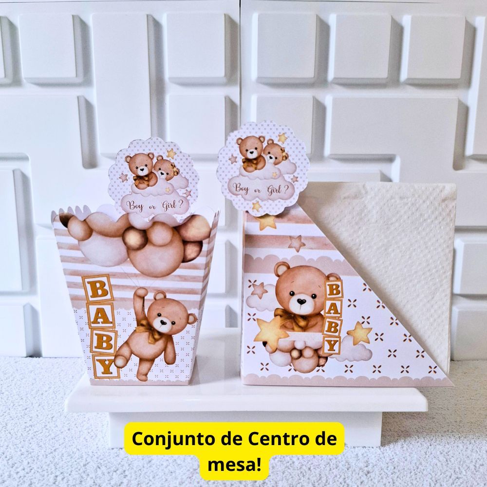 Kit Centro de Mesa Festa Cachepo + Porta Guardanapo personalizado no Tema Ursinho Bege Chá Revelação/Chá de Bebe