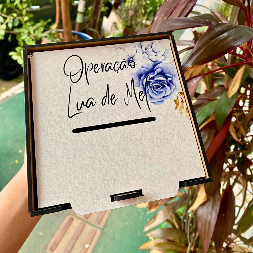 Caixa Cofre Pix Casamento MDF 13x13cm Floral Azul – Pronta para Uso - CORTE DA GRAVATA