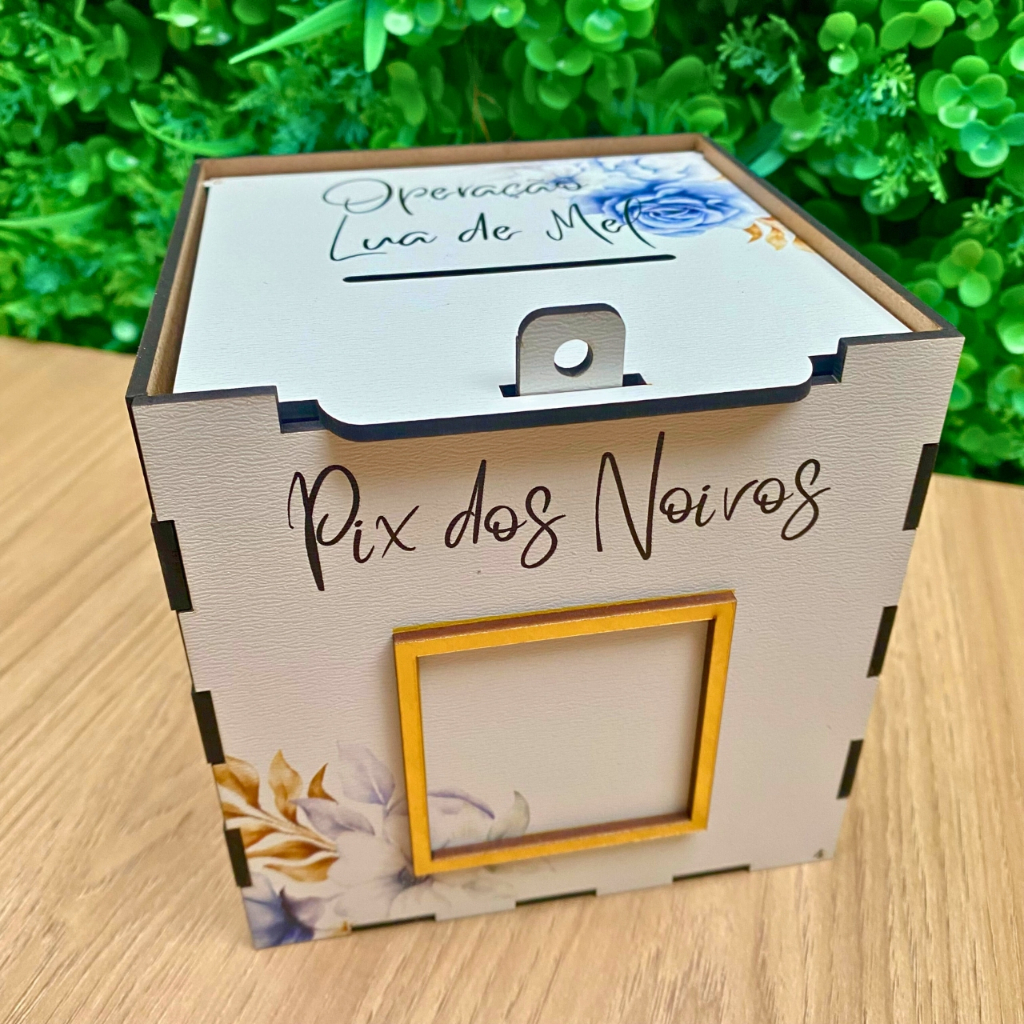 Caixa Pix para Casamento em MDF Branco 13x13cm com Flores Azuis - Corte da gravata em Oferta na Shopee
