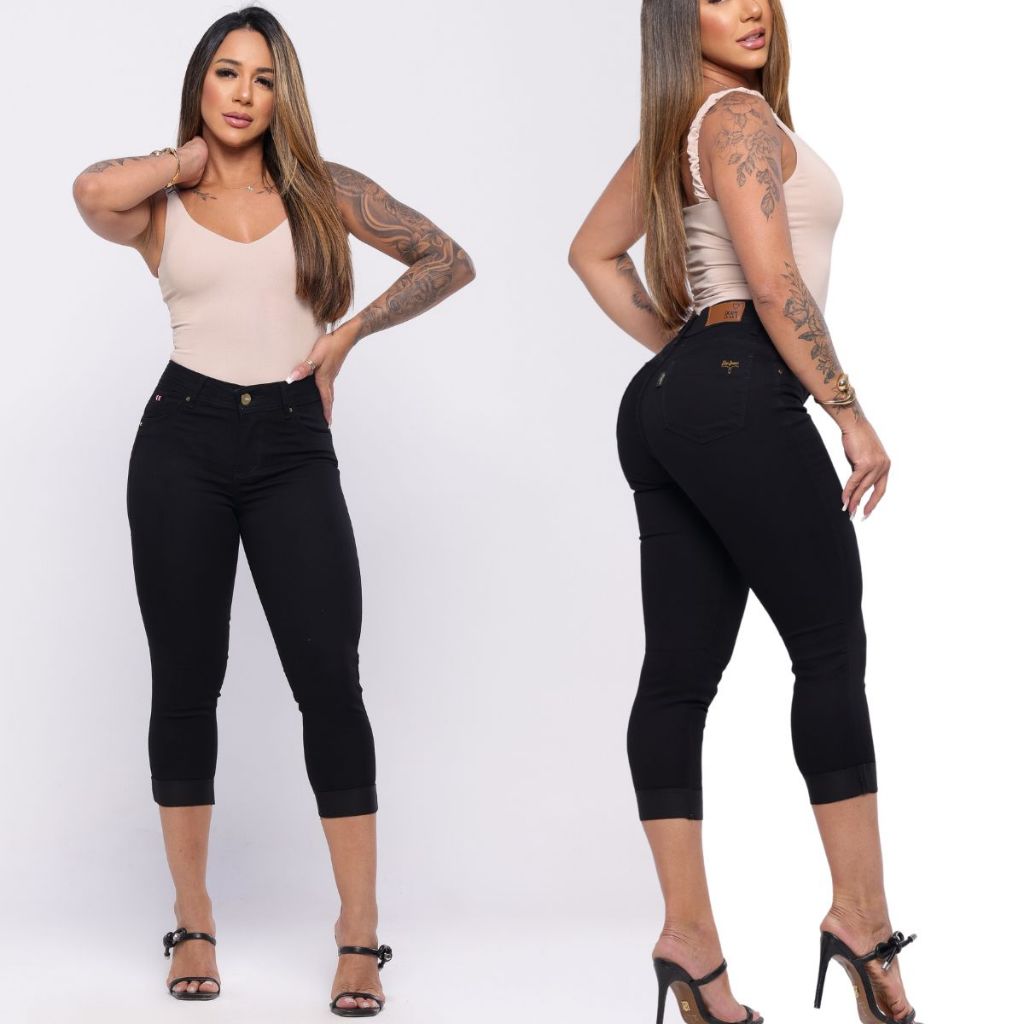 Capri Jeans Confortável Estilosa Com Elastano Empina Bumbum Feminina Cintura Alta Lycra Barra Dobrada Preta