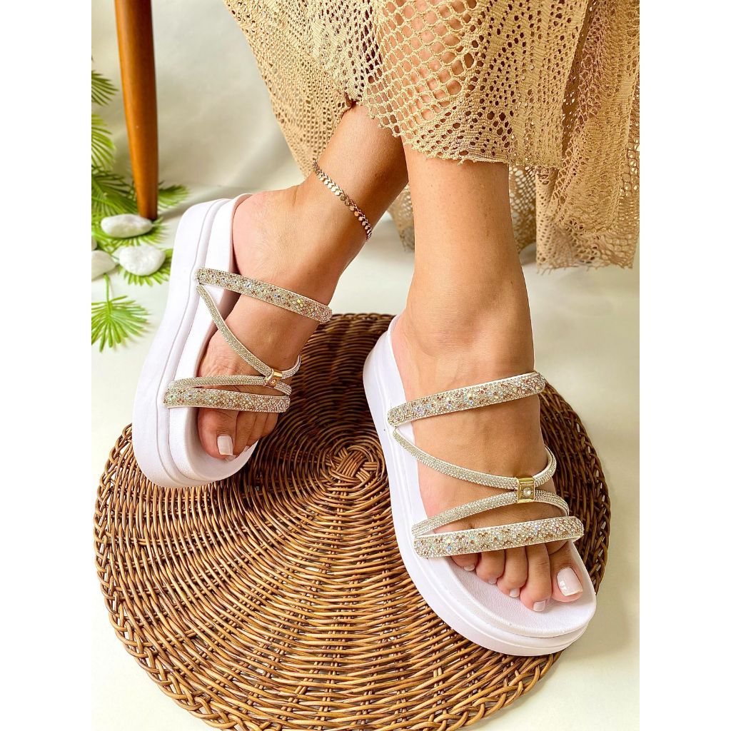Papete Birken Feminina Plataforma Alta  trançada no meio ,Strass Brilho luxo em Oferta na Shopee