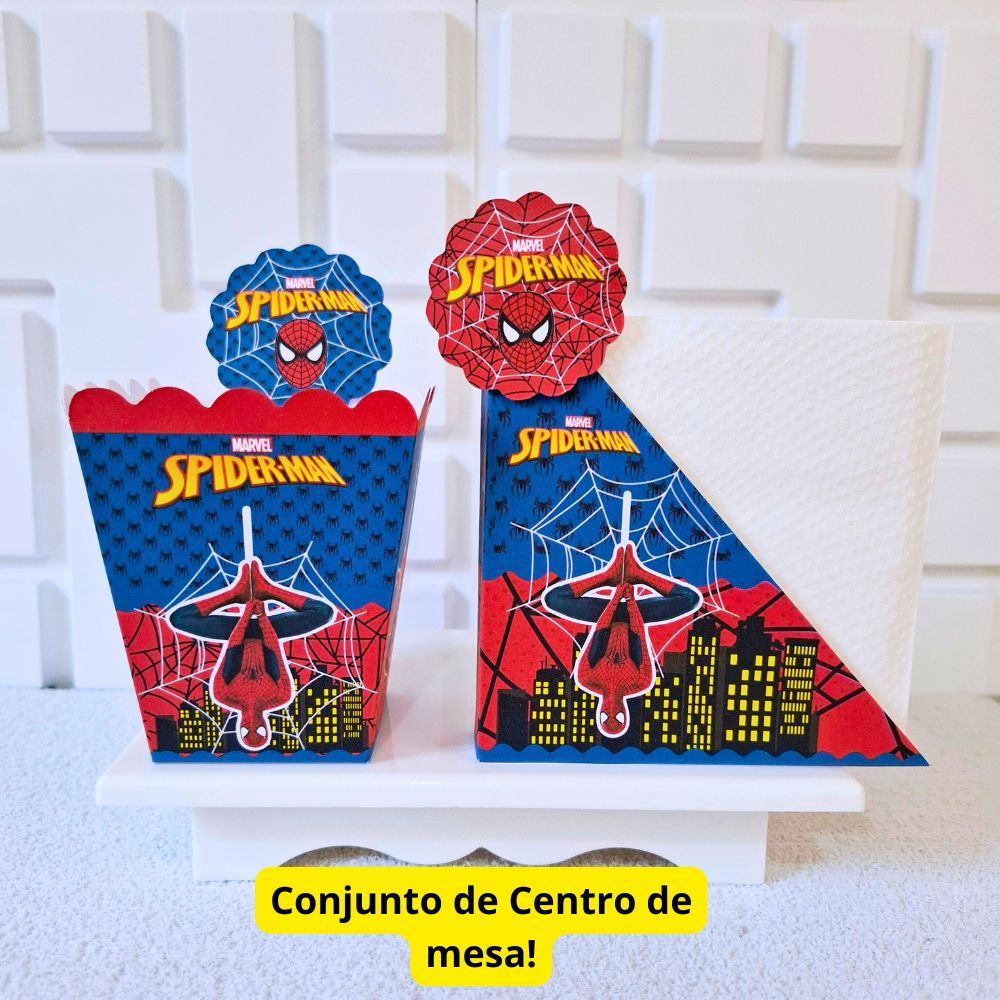 Kit Centro de Mesa Festa Cachepo + Porta Guardanapo personalizado no Tema Homem Aranha