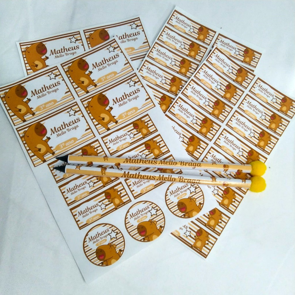 Kit 60 itens Etiquetas Escolar Capivara com Nome  para Material 58 etiquetas e 2 lápis personalizado em Oferta na Shopee