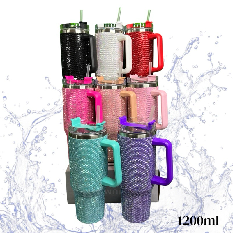 Garrafa térmica inoxidável 1200ml blogueiro com pedras brilhosas com tampa isolamento acrílico em Oferta na Shopee