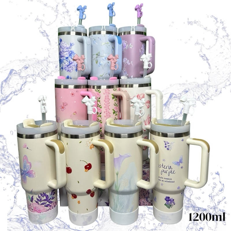 Garrafa térmica 1200ml canudo blogueirinho floridas com tampa acrílica E proteção de silicone em Oferta na Shopee